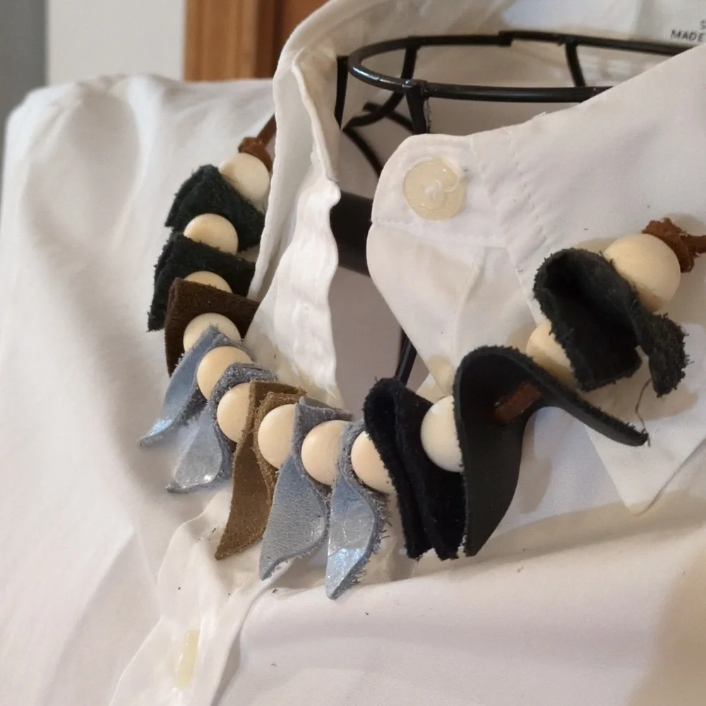 Handmade Genuine Leather Natural Wood Necklace Choker Bracelet Black #09 - Picture 5 of 11